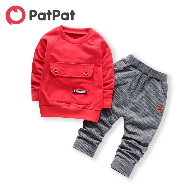 PatPat 2020 New Autumn and Winter Pocket Front Sweatshirt and Pants Set for Toddler Boy Sets Baby and Kids Clothing