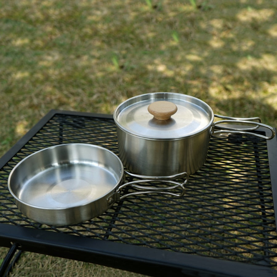 Outdoor Stainless Steel Pots Camping Soup Pots Frying Pan Household Picnic Pot Set Foldable Handle Camping Cookware Supplies