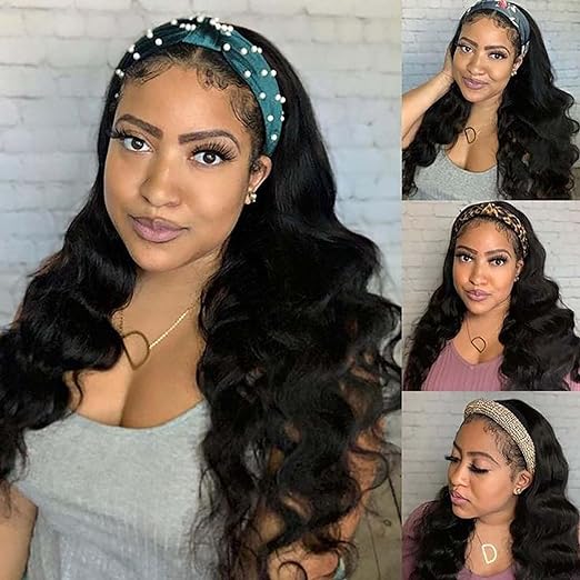 Headband Wigs for Women Human Hair Glueless Body Wave 180% Density A Brazilian Virgin None Lace Front Wigs Wavy Curly Machine Made Wigs Human Hair Natural