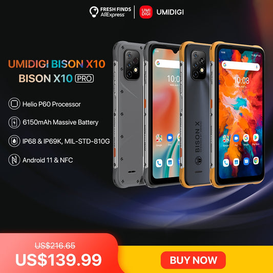 UMIDIGI BISON X10 64GB/128GB NFC Android Rugged Smartphone IP68 IP69K 20MP Triple Camera 6150mAh Cellphone