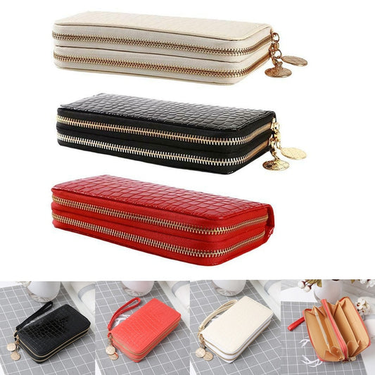 Stone Grain Leather Wallet Ladies Long Double Zipper Coin Purse Large-Capacity Patent Leather Hand Wallet Credit Card Holder