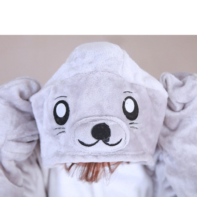 HKSNG Winter Flannel Warm Adult Cartoon Animal Sea lion Onesies Seal Pajamas Seal Kigurumi Costumes Homewear For Halloween