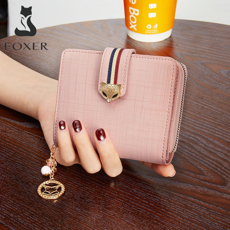 FOXER Card Holder Split Leather Women's Wallets Designer Coin Purse Girl's Zipper Wallet High Quality Short Wallet with Pendant