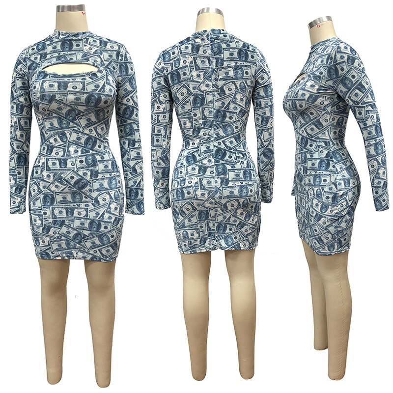 Casual Money Dollar Print Long Sleeve Front Cut-Out Bodycon Wrap Mini Dress Women Sexy Evening Party Streetwear Dresses Vestidos