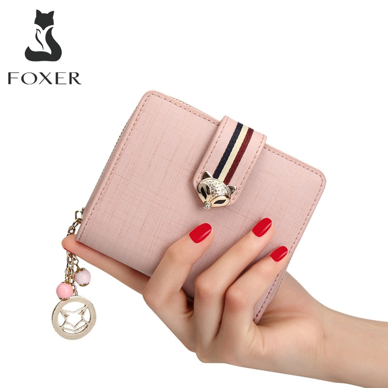 FOXER Card Holder Split Leather Women's Wallets Designer Coin Purse Girl's Zipper Wallet High Quality Short Wallet with Pendant