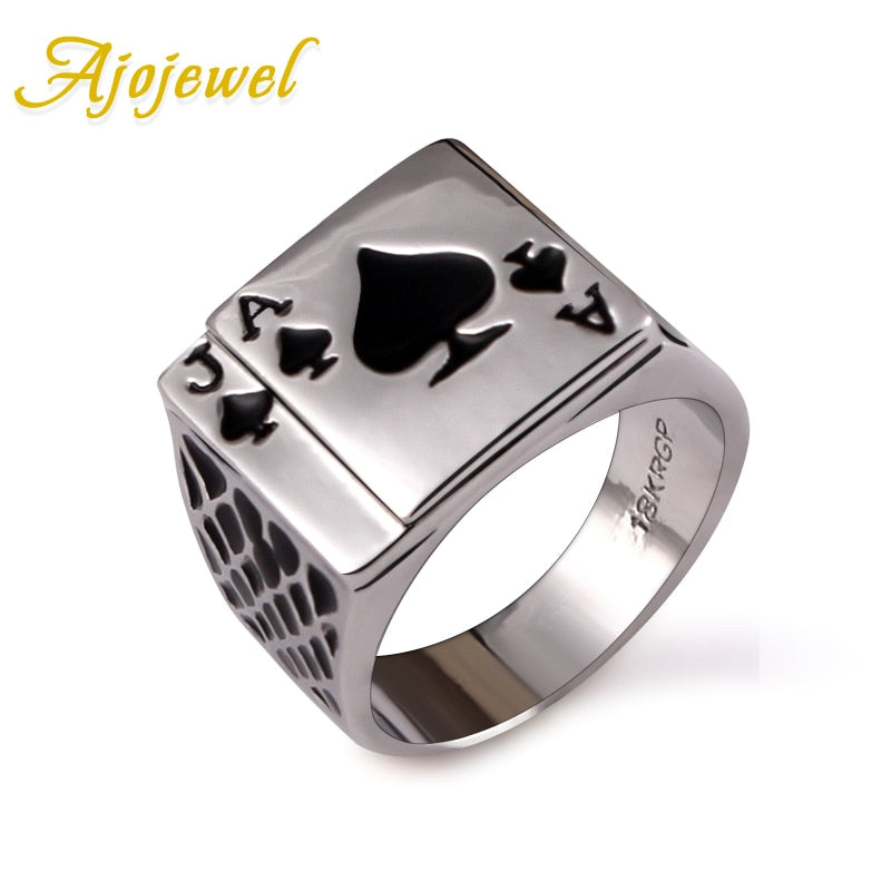 Size 7-12 Classic Cool Men's Jewelry Chunky Black Enamel Spades Poker Ring Men Gold-color