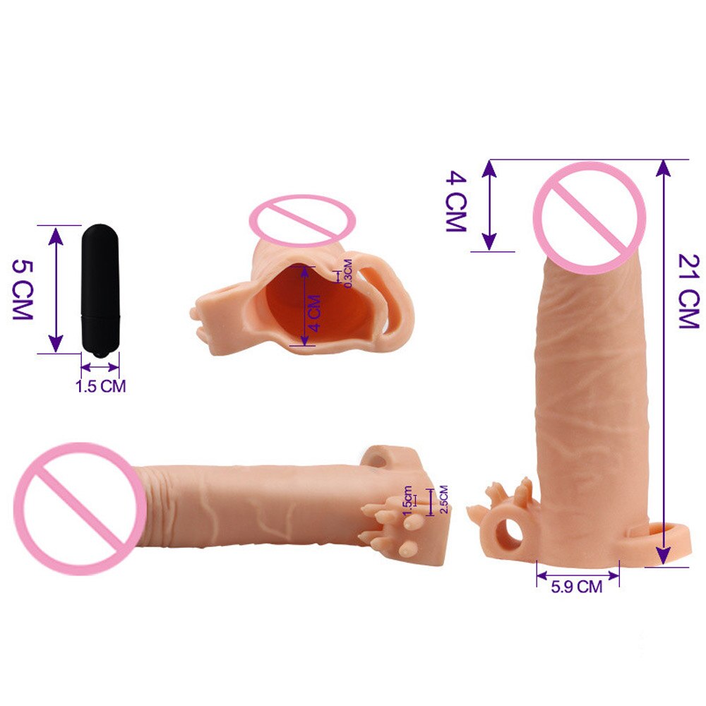 TPE Realistic Vibrating Dildo Enlargement Extender Condom with Bullet Vibrator Penis Sleeve Adult Sex Toy for Man