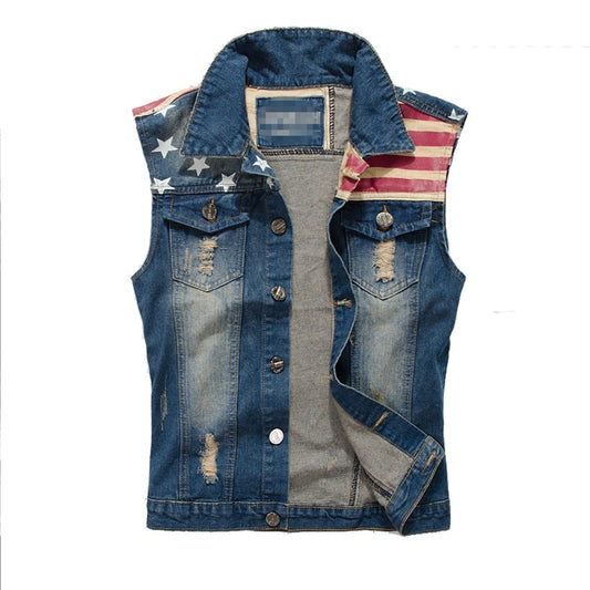 Vest Men Cowboy Ripped Sleeveless Vintage Jacket Tank Spring USA Flag washed Jeans Vest Plus Size 5XL