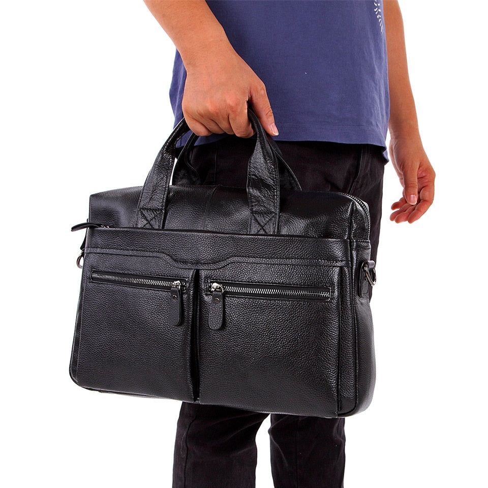 Black Men Genuine Leather Handbags Large Leather 14" Laptop Messenger Bags Business Men's Travel Bags Shoulder Bags Briefcase