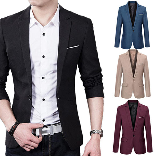 Hot Sale Men\'s Solid Color Step Collar Slim Blazer Formal Business Wear One Button Suit