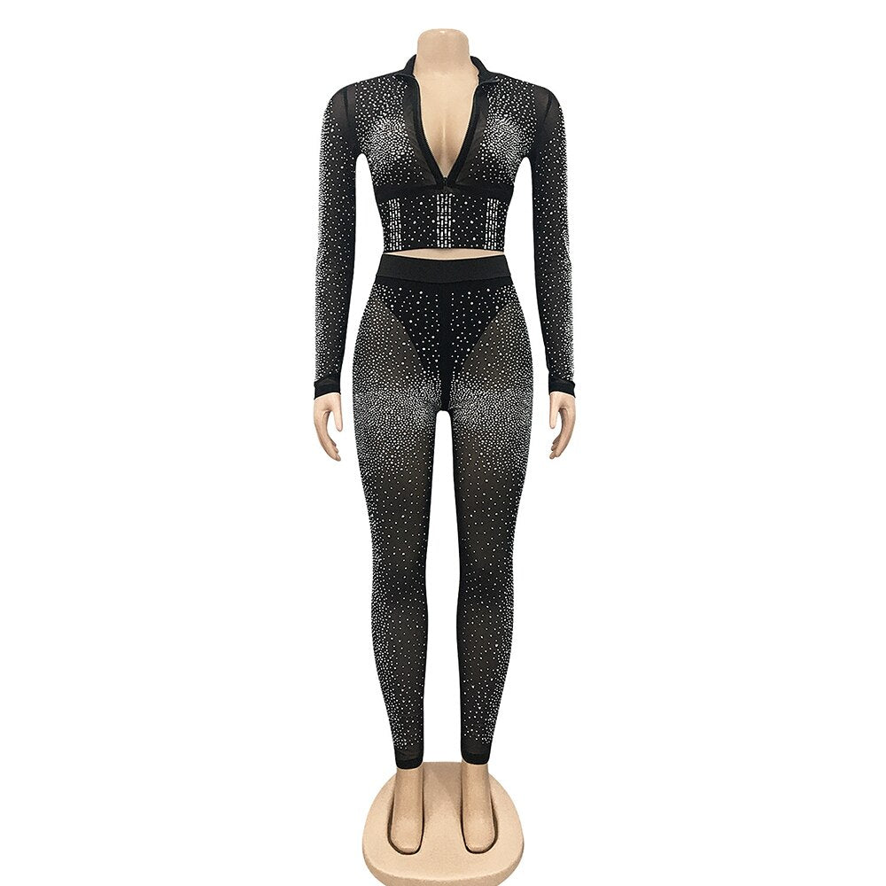 Kricesseen Sexy Black Diamond Crystal Pant Set Women Long Sleeve Zipper Top And See Through Pants Suit Party Club Matching Set