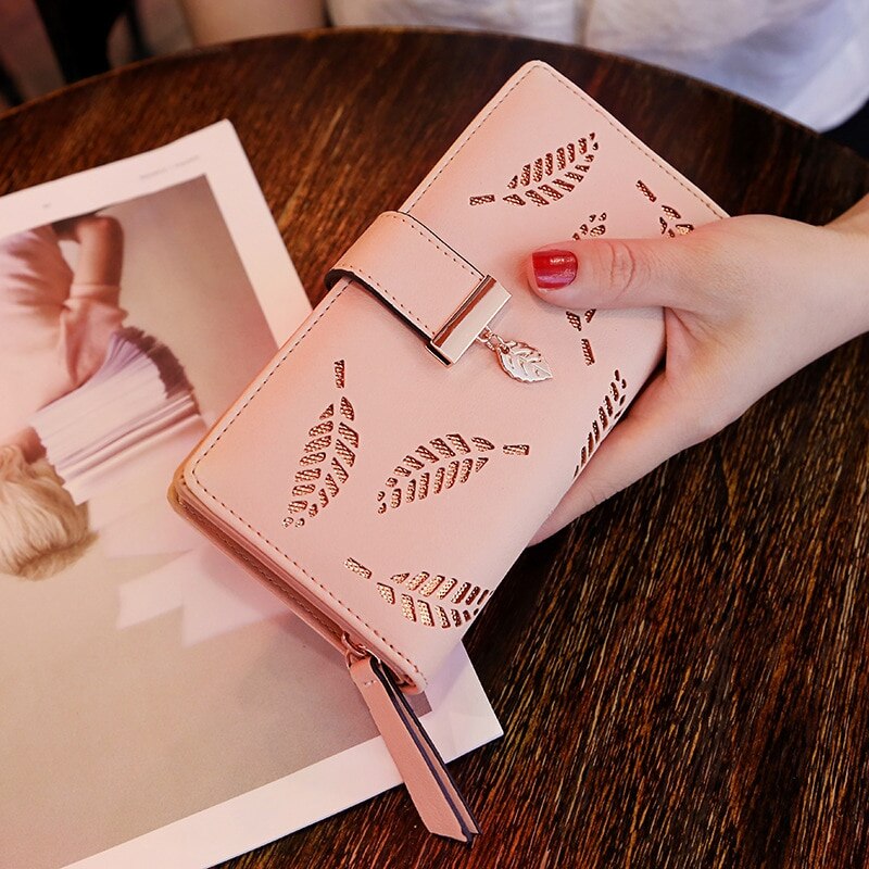 Fashion PU Leather Wallet Purse Women Long Wallet Gold Hollow Leaves Pouch Handbag For Women Coin Purse Card Holders Clutch