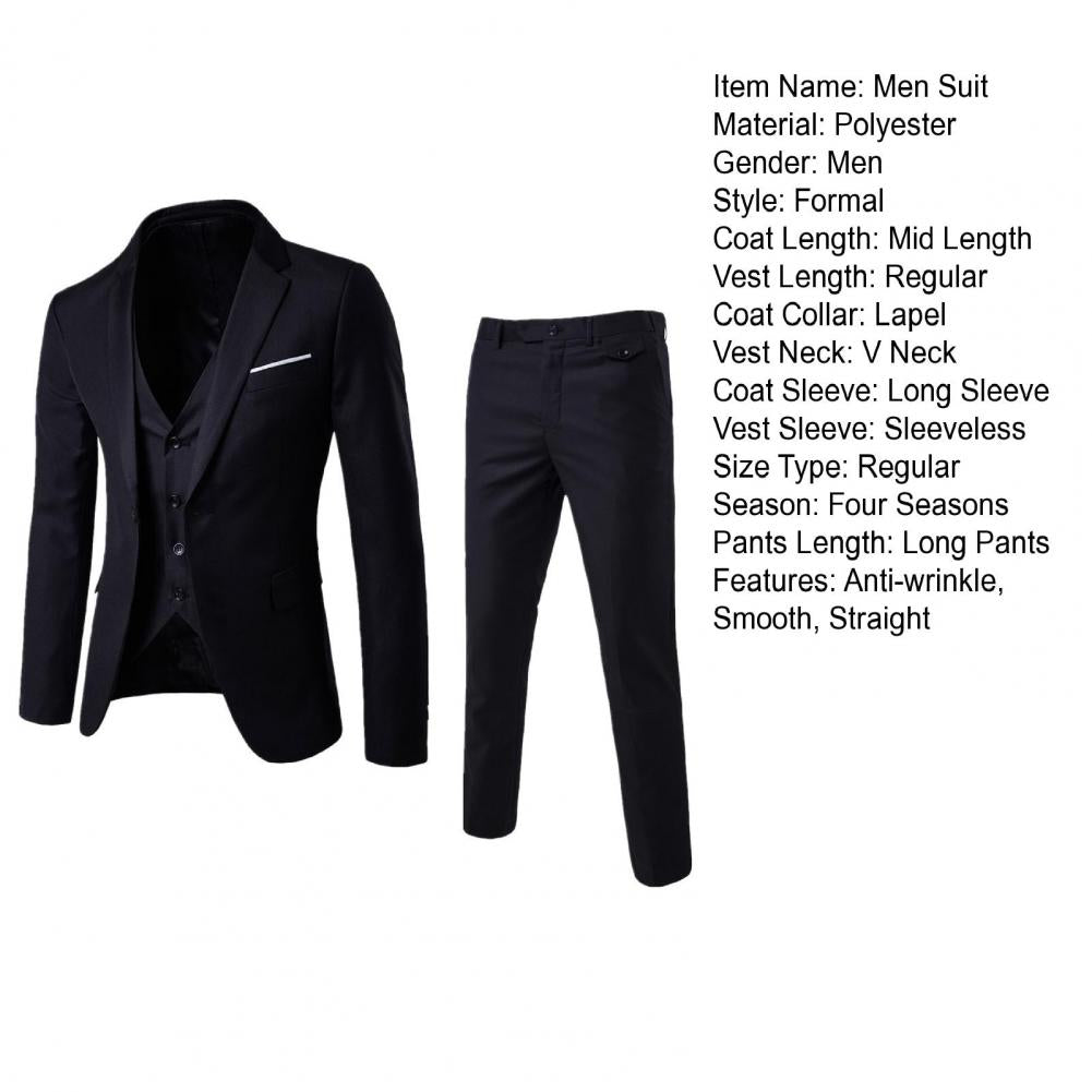 Men Vest Suit Coat Pants Formal Business Groom Coat Vest Pants Set Straight Turn-down Collar Anti-wrinkle Groom Wedding Suit