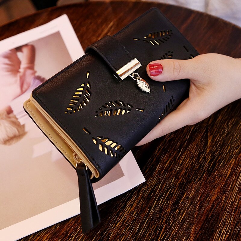 Fashion PU Leather Wallet Purse Women Long Wallet Gold Hollow Leaves Pouch Handbag For Women Coin Purse Card Holders Clutch