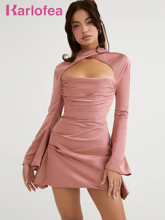 Karlofea 2023 Lovely Long Sleeve Mini Dress For Women Party Outfits Clothing Gorgeous Celebrity Birthday Pink Dress Sexy Robe