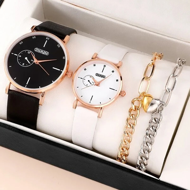 4pcs Set Fashion Simple Lovers Watches Luxury Men Women Leather Quartz Watch Rose Gold Business Casual Wristwatch reloj muje