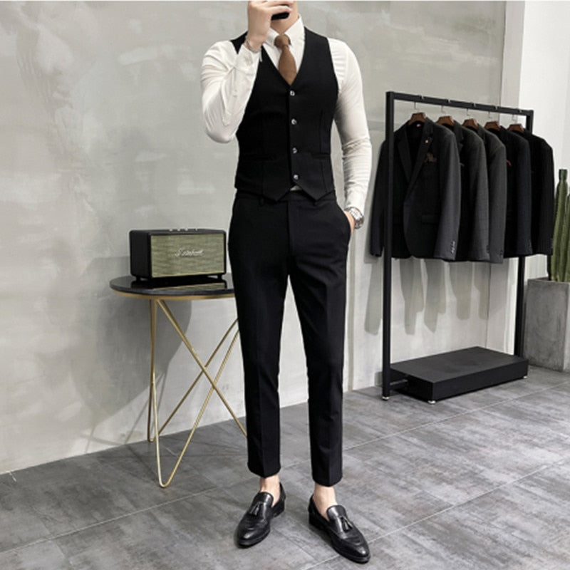 ( Jacket + Vest + Pants ) High-end Brand Boutique Fashion Solid Color Mens Casual Business Suit 3Piece Set Groom Wedding Dress