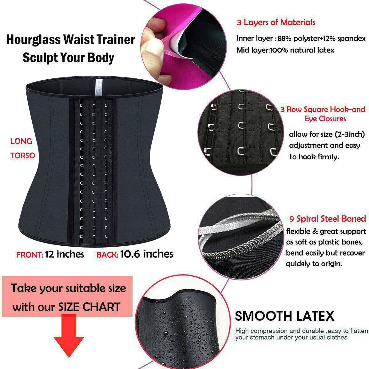 Fajas Colombians Latex Waist Trainer Corset Body Shapewear Women Flat Belly Slimming Sheath Waist Cincher Shaper 9 Steel Bones