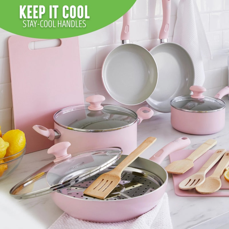 Ceramic Nonstick Pink 15pc Set  Cookware Sets Pots and Pans