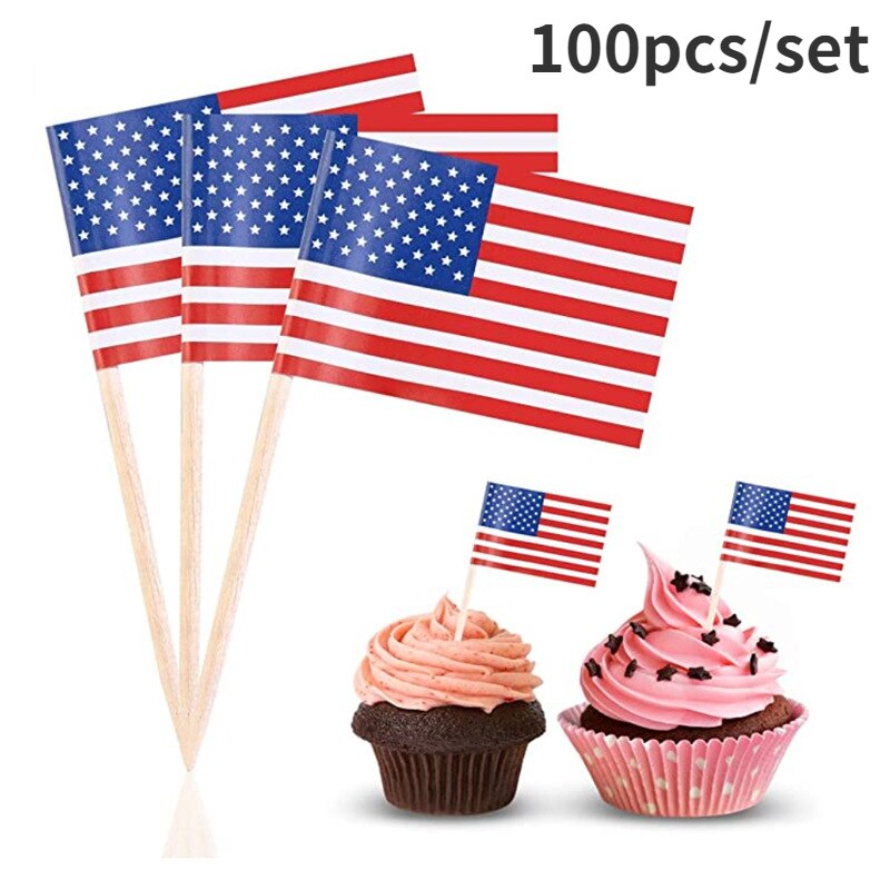 100pcs/ 2.5x3.5cm US Flag US Flag Cake Decoration Double Sided Printed Polyester American Flag Wholesale Toothpick USA Flag