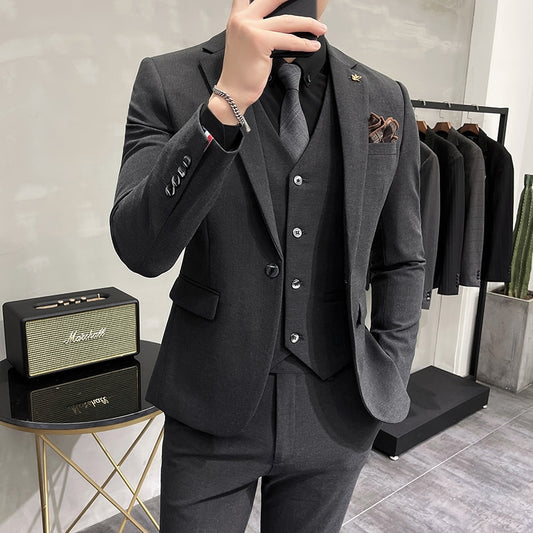 ( Jacket + Vest + Pants ) High-end Brand Boutique Fashion Solid Color Mens Casual Business Suit 3Piece Set Groom Wedding Dress