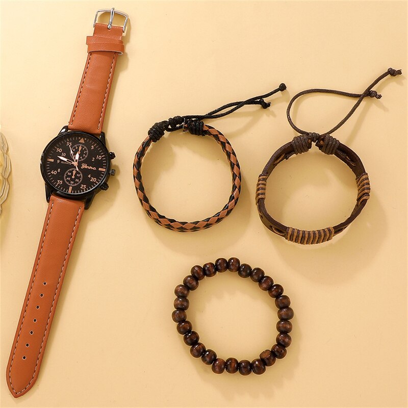 New Men Watch Luxury Bracelet Set Fashion Business Brown Leather Quartz Wrist Watches for Men Gift Set Relogio Masculino