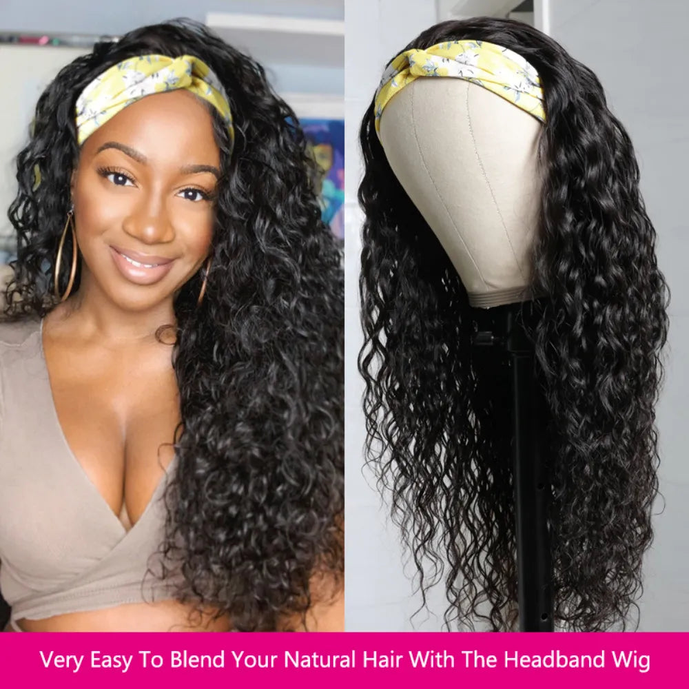 Beauty Forever Glueless Water Wave Headband Wigs Natural Brazilian Scarf Wig Curly Human Hair Wigs for Women Beginner Friendly