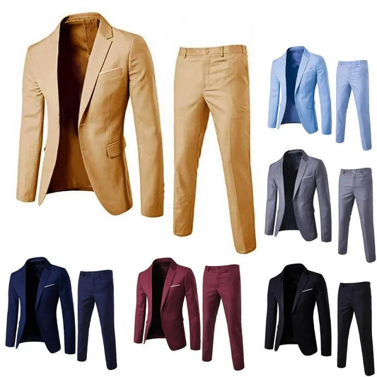 1 Set Men Blazer Pants Solid Color Long Sleeve Slim Fit Turndown Collar Temperament One Button Pockets Suit Set Men Clothes