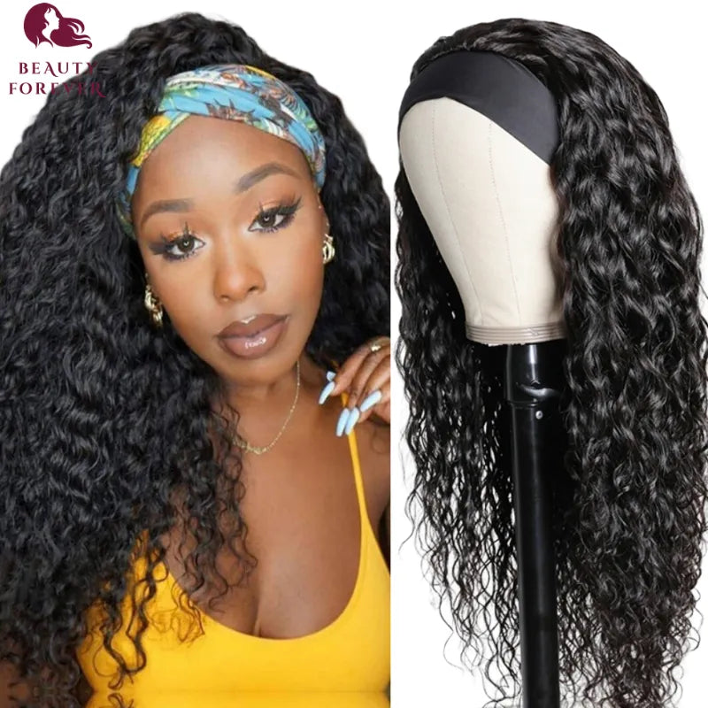 Beauty Forever Glueless Water Wave Headband Wigs Natural Brazilian Scarf Wig Curly Human Hair Wigs for Women Beginner Friendly