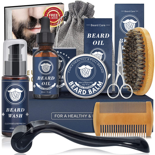 9Pcs/Sets Beard Growth Kit For Men Hair Enhancer Thicker Mustache Grooming Beard Care Oil Moisturizer Wax Balm With Comb Scissor