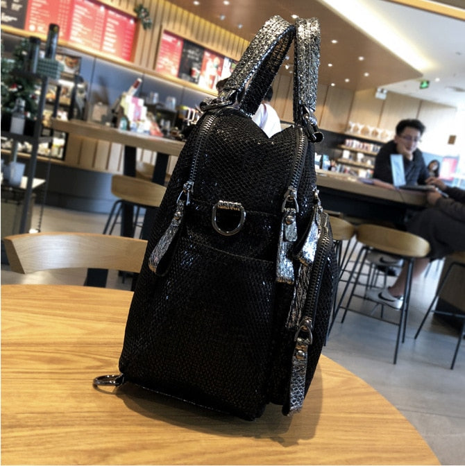 Mesh Iridescent Sparkle Shiny Paillette Convertible Backpack Handbag 2023 Big Capacity Multi Pockets Work Black Short Handle Bag