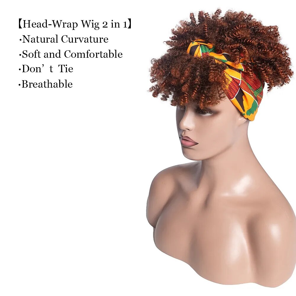 BUY 2 FOR $12.99 Afro Puff Curly Headband Wig for Helloween Synthetic Head Wrap Wigs 2 In 1 Hair Natural Black Blonde Short Bod Wigs for Women