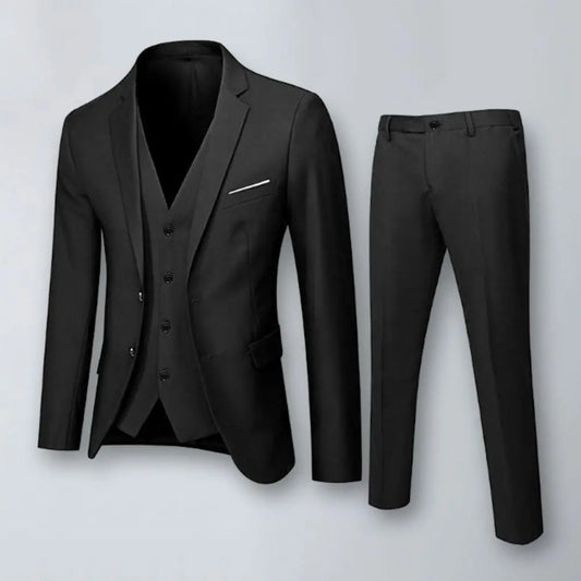 1 Set Men Suit Set Vest Coat Pants Formal Business Wedding Long Sleeves Straight Solid Color Slim Fit Suit Jacket Trousers