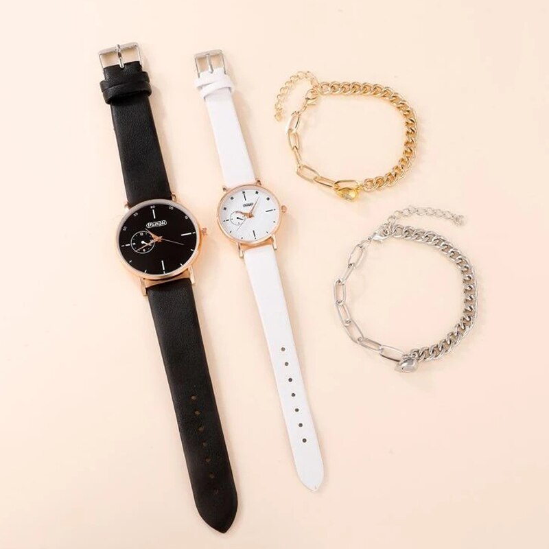 4pcs Fashion Simple Lovers Set Watches Luxury Men Women Leather Quartz Watch for Rose Gold Business Casual Bracelet Wristwatch