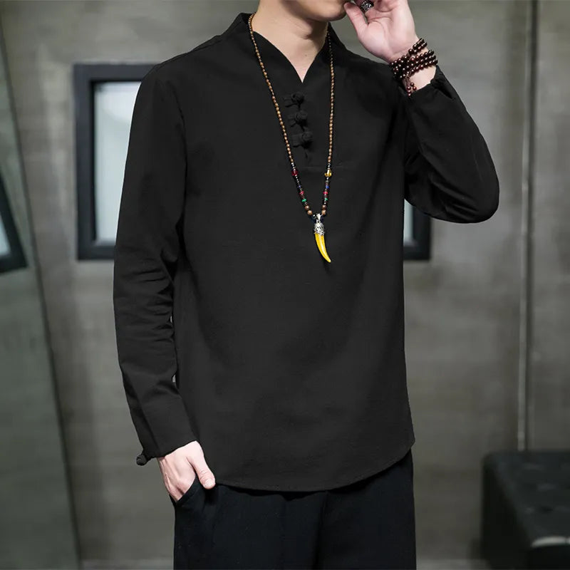 New Long Sleeve Men's T-shirt Casual Streetwear V-Neck Men Tees Cotton Linen T Shirt Male Spring Summer Loose Tops Big Size 5XL