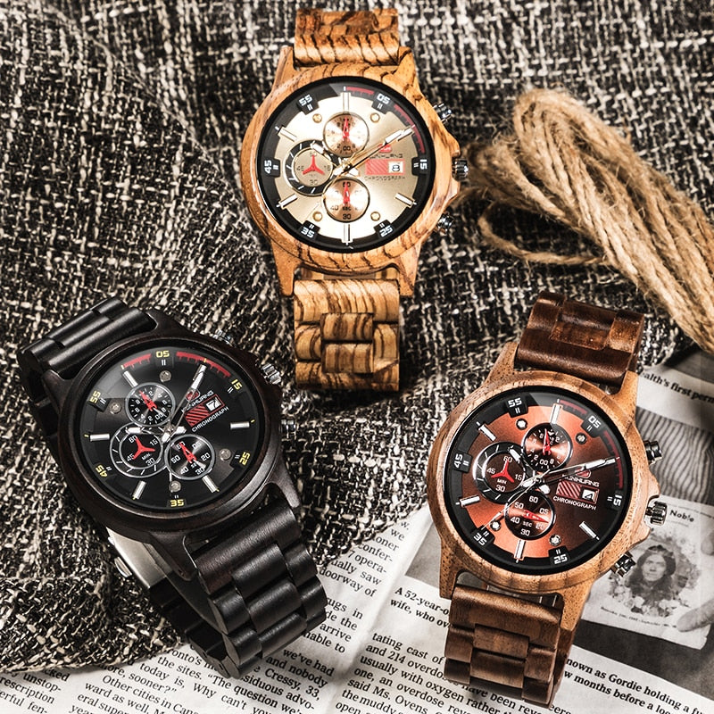 Men's Watch Natural Wood Watch Wooden Gift Box Handmade Wooden Quartz Movement Watch Chronograph Zebra Wood Case Watch reloj