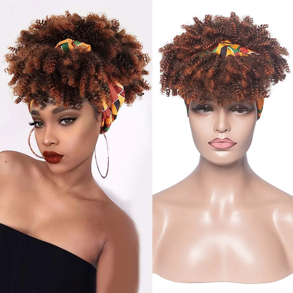 BUY 2 FOR $12.99 Afro Puff Curly Headband Wig for Helloween Synthetic Head Wrap Wigs 2 In 1 Hair Natural Black Blonde Short Bod Wigs for Women