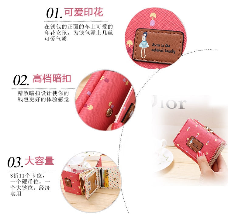 Folding Wallet Ladies Wallet Short Cut Cute Small Coin Purse Fashion Flower Ladies Coin Purse Card Case Sweet and Fresh