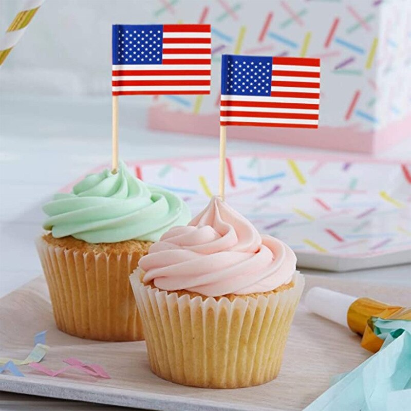 100pcs/ 2.5x3.5cm US Flag US Flag Cake Decoration Double Sided Printed Polyester American Flag Wholesale Toothpick USA Flag