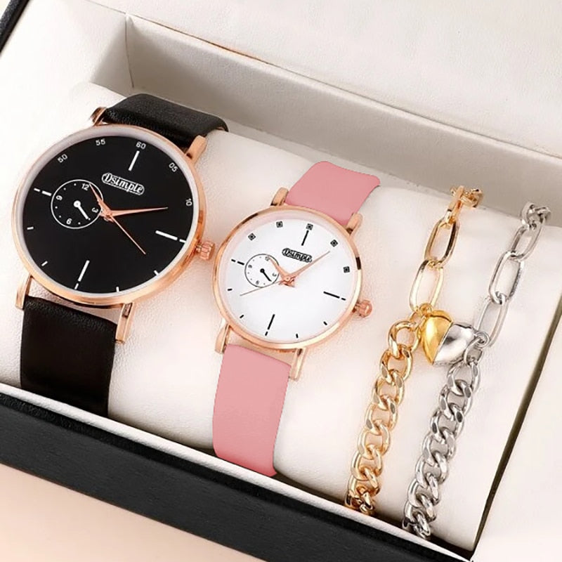 4pcs Set Fashion Simple Lovers Watches Luxury Men Women Leather Quartz Watch Rose Gold Business Casual Wristwatch reloj muje