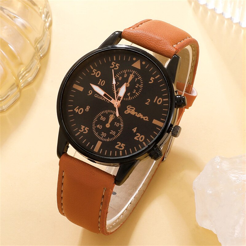 New Men Watch Luxury Bracelet Set Fashion Business Brown Leather Quartz Wrist Watches for Men Gift Set Relogio Masculino