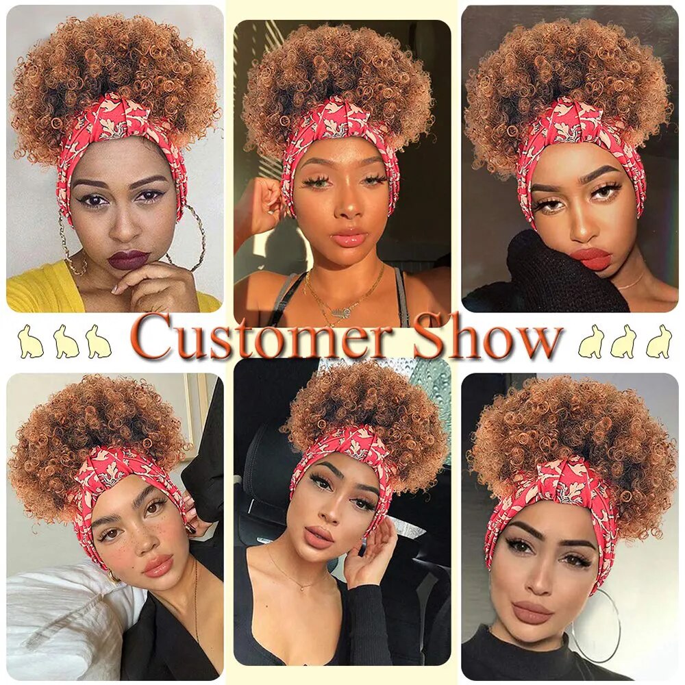 BUY 2 FOR $12.99 Afro Puff Curly Headband Wig for Helloween Synthetic Head Wrap Wigs 2 In 1 Hair Natural Black Blonde Short Bod Wigs for Women