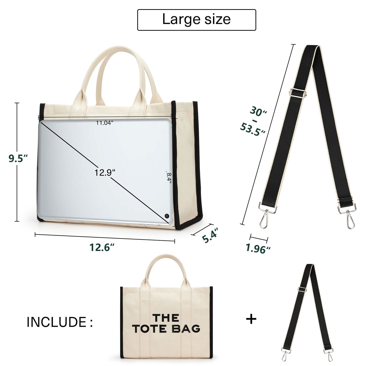 KALIDI Canvas Tote Bag Women Luxury Designer Shoulder Bags Zipper Black Ladies Crossbody Bags Large White Shopping Bags Purses