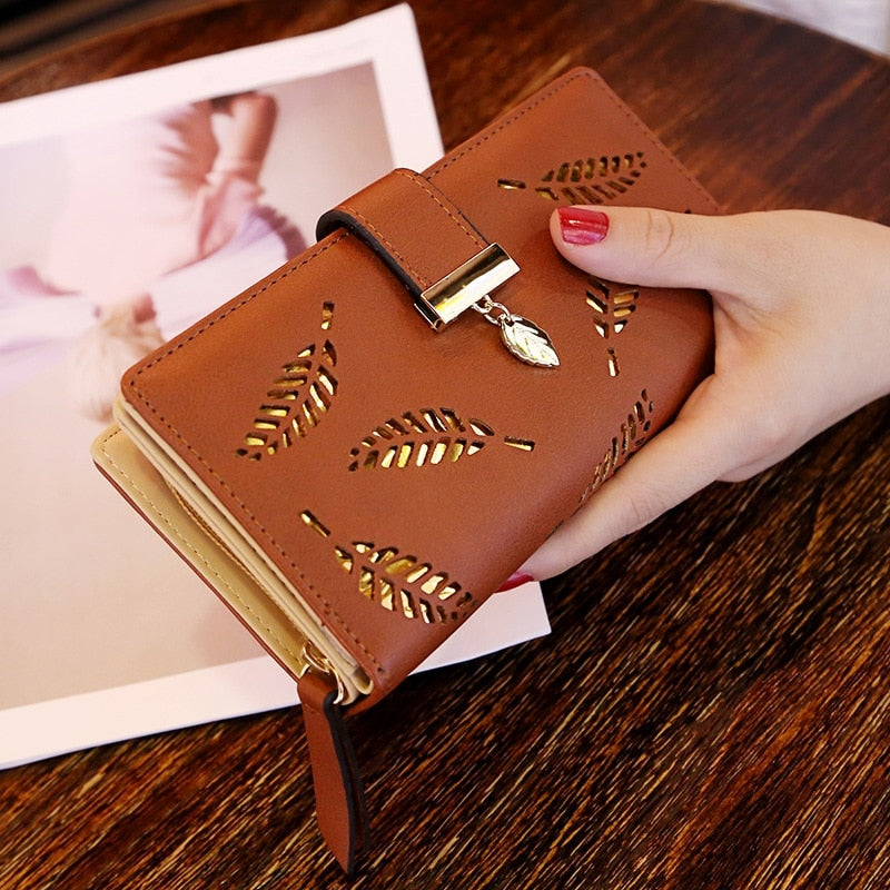 Fashion PU Leather Wallet Purse Women Long Wallet Gold Hollow Leaves Pouch Handbag For Women Coin Purse Card Holders Clutch